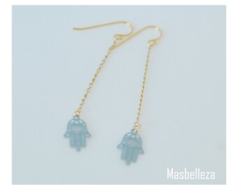 Delicate gold-plated earrings with small hamsa hands in grey-blue on long chains