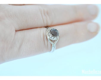Ring adjustable one size sterling silver with crown setting and smoky quartz