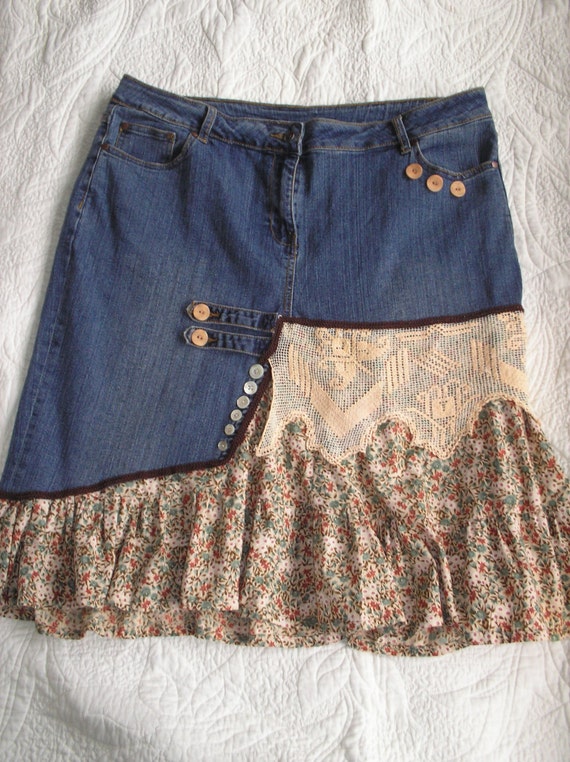 Items similar to Out walking. Plus size denim skirt embellished vintage ...