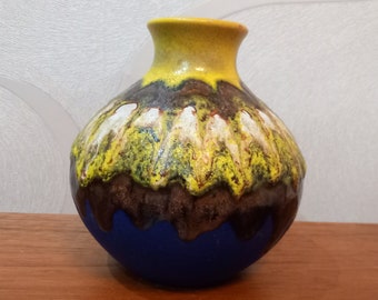 Carstens Keramikvase blaue gelb 70er Vase fat lava Kupferglasur Keramik WGP klasse 70s design