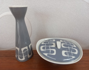 Ensemble vase et boîte à couvercle manufacture de porcelaine Lichte 1958 - 1972 moderniste du milieu du siècle