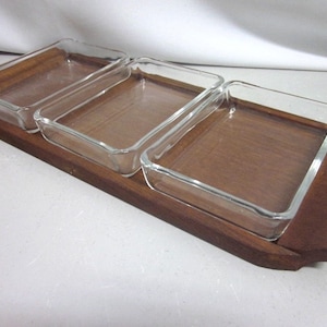 Danish modernist glass bowls on TEAK tray mid-century era Quistgaard 50s 60s