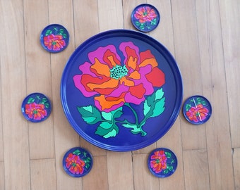 Plateau et six sous-verres flower power 70s violet pop art métal rare design années 70