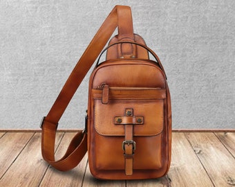 Sling Bag for Men Women Vintage Handmade Genuine Leather Chest Bag Crossbody Bag Sling Backpack Purses Hiking Sports Travel