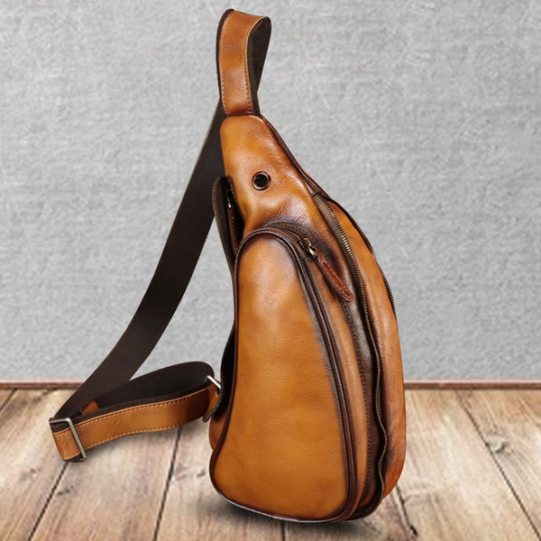 Genuine Leather Sling Bag for Men Women Sling Purses Vintage Handmade Chest Bag Crossbody Bag Sling Backpack Hiking Sports Travel Motorcycle