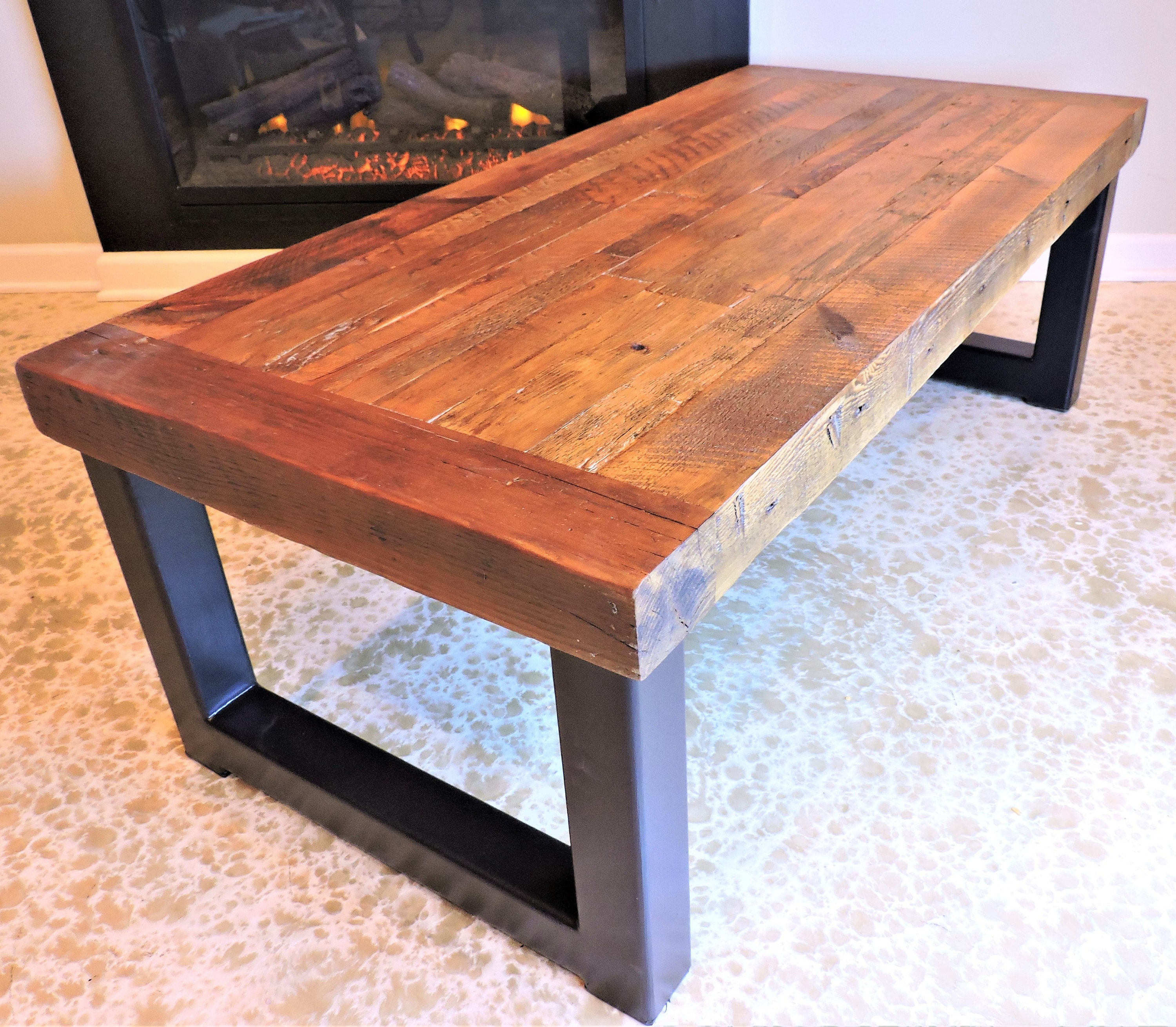 Barnwood Coffee Table. Custom Metal Base. 3 inch Rustic Barn Etsy