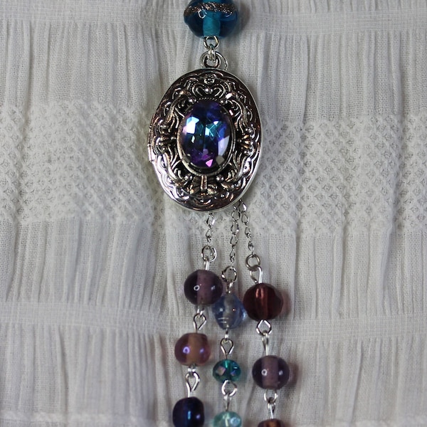 Unique silver purple lilac medallion necklace crystals glass beads romantic for opening boho ~Lavender Dream III~