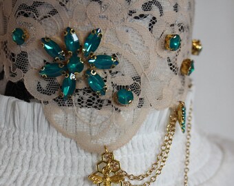 Lace collar choker necklace with rhinestones in beige turquoise gold with leaves honeycomb bees ~Lagoon Gold~