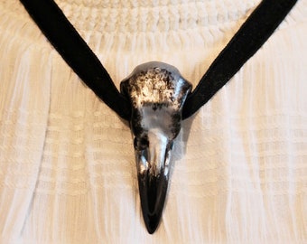 Black velvet collar choker raven skull vegan 3D print silver gothic ~Corvus Corax~