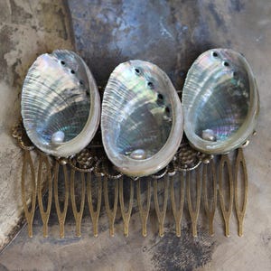 Hair comb made from real abalone Paua snail with artificial pearls ~Naiad~