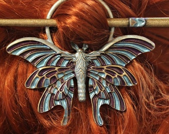 Handgeschilderde haarclip Moth Moth Butterfly Hair Clip Haarspeld Brons Paars Blauw ~Nocturno~