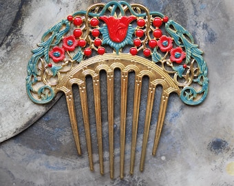 Painted Art Nouveau style clip-in hair comb in turquoise and coral red ~Seafoam II~