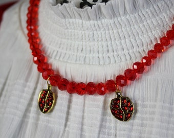 Glass bead necklace cut crystal beads red necklace with pomegranate pendant oval beads ~Zakuro IV~