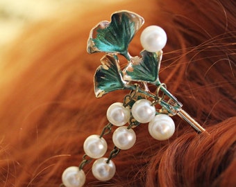 Gold Hairpin Painted Hair Stick Green Faux Pearls Spring Hair Accessories ~Biloba IV~