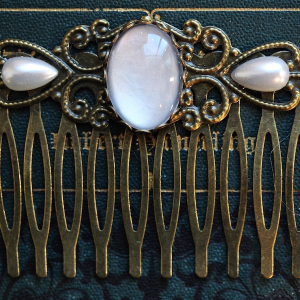 Elegant Boho Art Nouveau hair comb hair accessories with glass cabochon mother of pearl ~Opus~