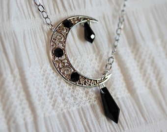 Crescent Moon Necklace Silver Black Rhinestone Sailor Moon Gothic ~Dead Moon~