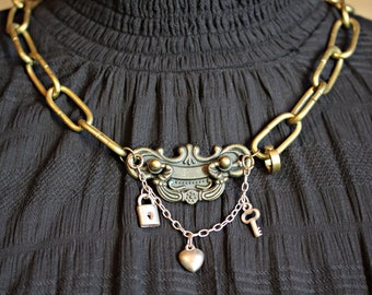 Chunky Link Chain Choker Necklace Steampunk Vintage with Door Knob ~Locked~