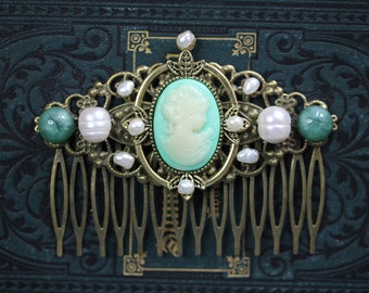 Vintage look hair comb with Victorian cameo & faux pearls ~Viridian~