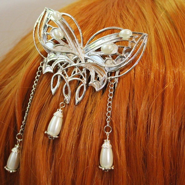 Pettine per capelli a farfalla in argento con perle Arwen Il Signore degli Anelli ~Quenya~