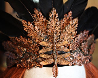 Unique Ornament Fantasy Crown Black Copper Gothic Headpiece Dragonfly Feathers ~Royal Dragonfly~