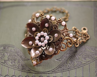 Art Nouveau ornament bangle flowers blossoms with artificial pearls ~Mrs Mucha III~