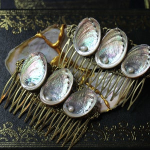 Hair comb made of real abalone mother of pearl seashell snail shell with artificial pearls ~Naiad~