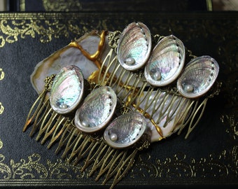 Hair comb made of real abalone mother-of-pearl seashell snail shell with artificial pearls ~Naiad~