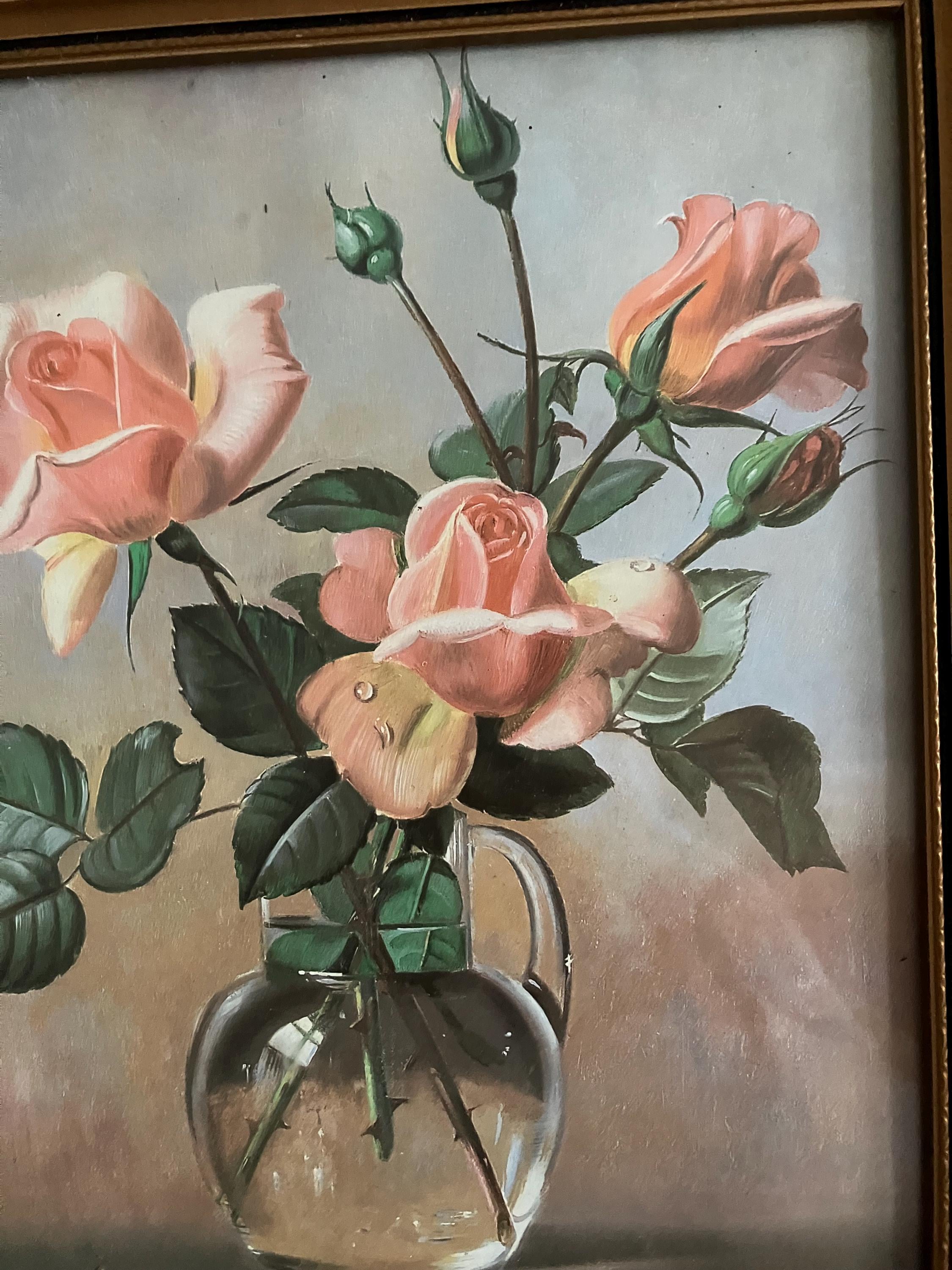 ヴィンテージ アルバートウイリアムス 絵画 額縁付き 静物画 花 薔薇 レトロ ヴィンテージの額入り絵画 アルバート・ウィリアムズ作 ガラスの水差し