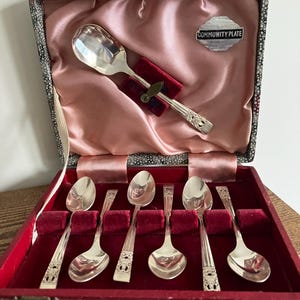 Pode incluir: Um conjunto de colheres prateadas vintage numa caixa decorativa. O conjunto inclui seis colheres e uma colher de servir, todas com detalhes ornamentados nas pegas. A caixa tem um forro de cetim rosa e uma etiqueta "Community Plate".