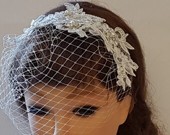 Bridal Birdcage veil,  Blusher Veil.White-vory-birdcage veil Headband Bridal headpiece w Lace fascinator Diamonte Pearls