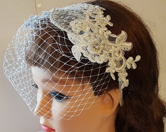 Bridal Birdcage veil,  Blusher Veil.White-vory-birdcage veil Headband Bridal headpiece w Lace fascinator Diamonte Pearls