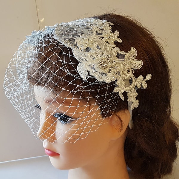 Bridal Birdcage veil,  Blusher Veil.White-vory-birdcage Headband Bridal headpiece w Lace fascinator Diamonte Pearls French net or Tulle Veil