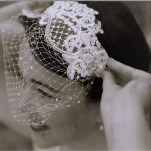 Bridal Birdcage veil,  Blusher Veil.White-vory-birdcage Headband Bridal headpiece w Lace fascinator Diamonte Pearls French net or Tulle Veil