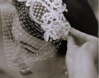 Bridal Birdcage Veil: Lace Fascinator, Diamonte Pearls, French Net Headband