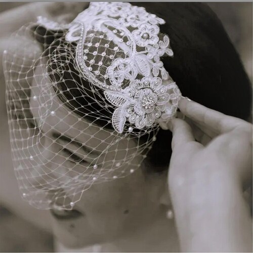 Wedding Veil French Netting Birdcage Headband Vintage French Birdcage Headband Veil with Rhinestones  main image 2