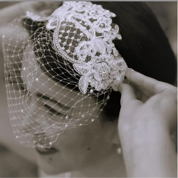 Bridal Birdcage Veil: Lace Fascinator, Diamonte Pearls  display picture 1