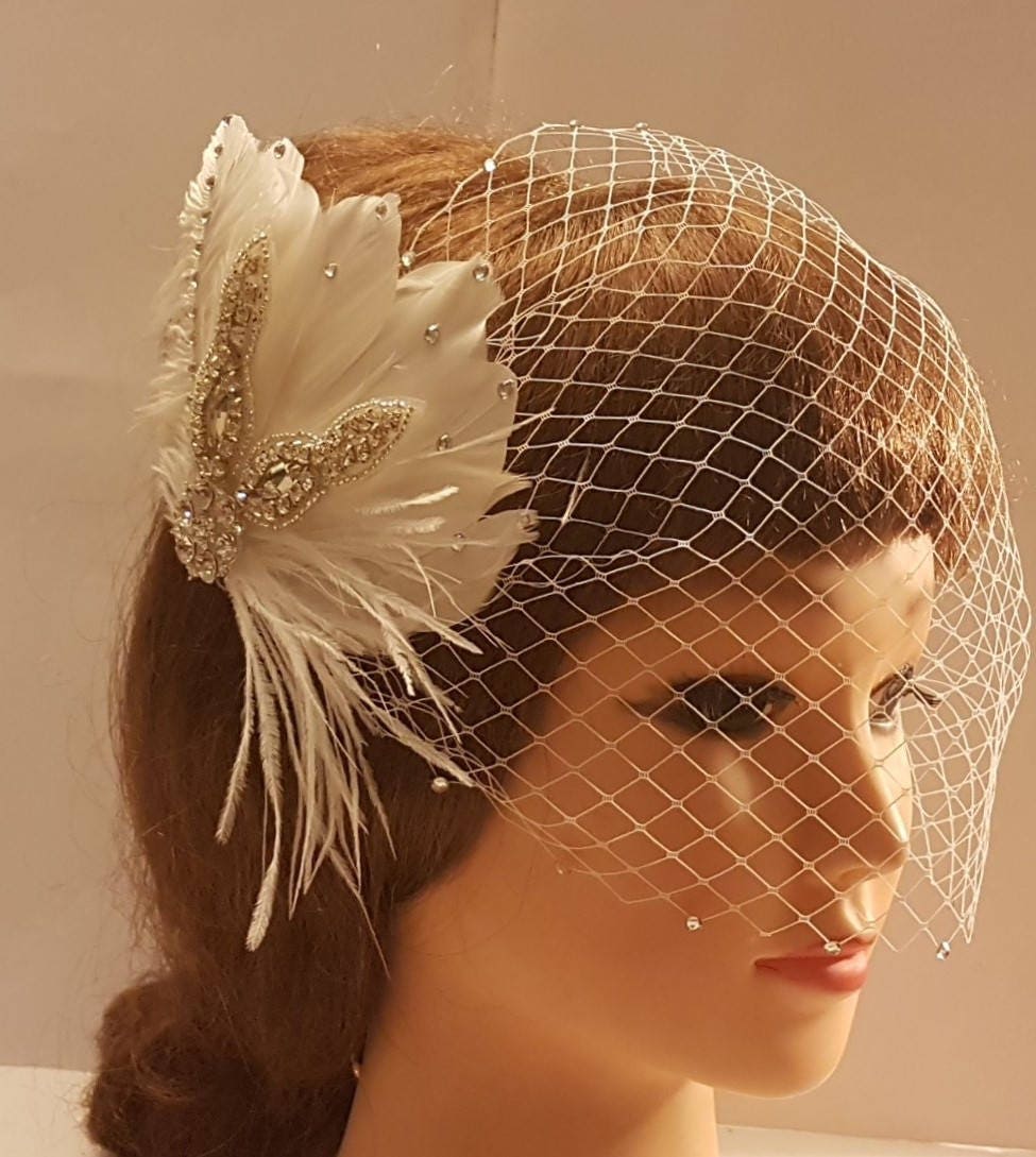 Wedding Bridal Hairpiece Fascinator Birdcage Veil White Ivory