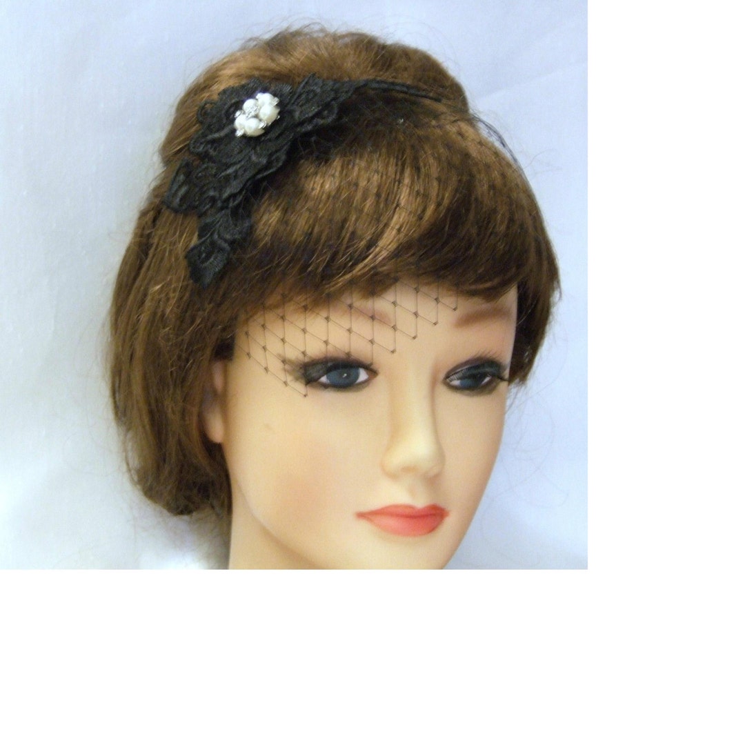 Fascinator, Black Lace Fascinator, Crystal Pearl Jewel Mini Visor