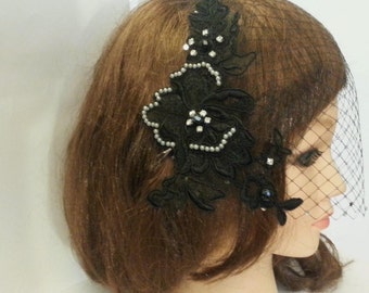 Black Birdcage veil with Motif. Franch Net Wedding,Cocktail Bandeau Veil with Lace Motif. Black fascinator for women, Ceremoney & occasions