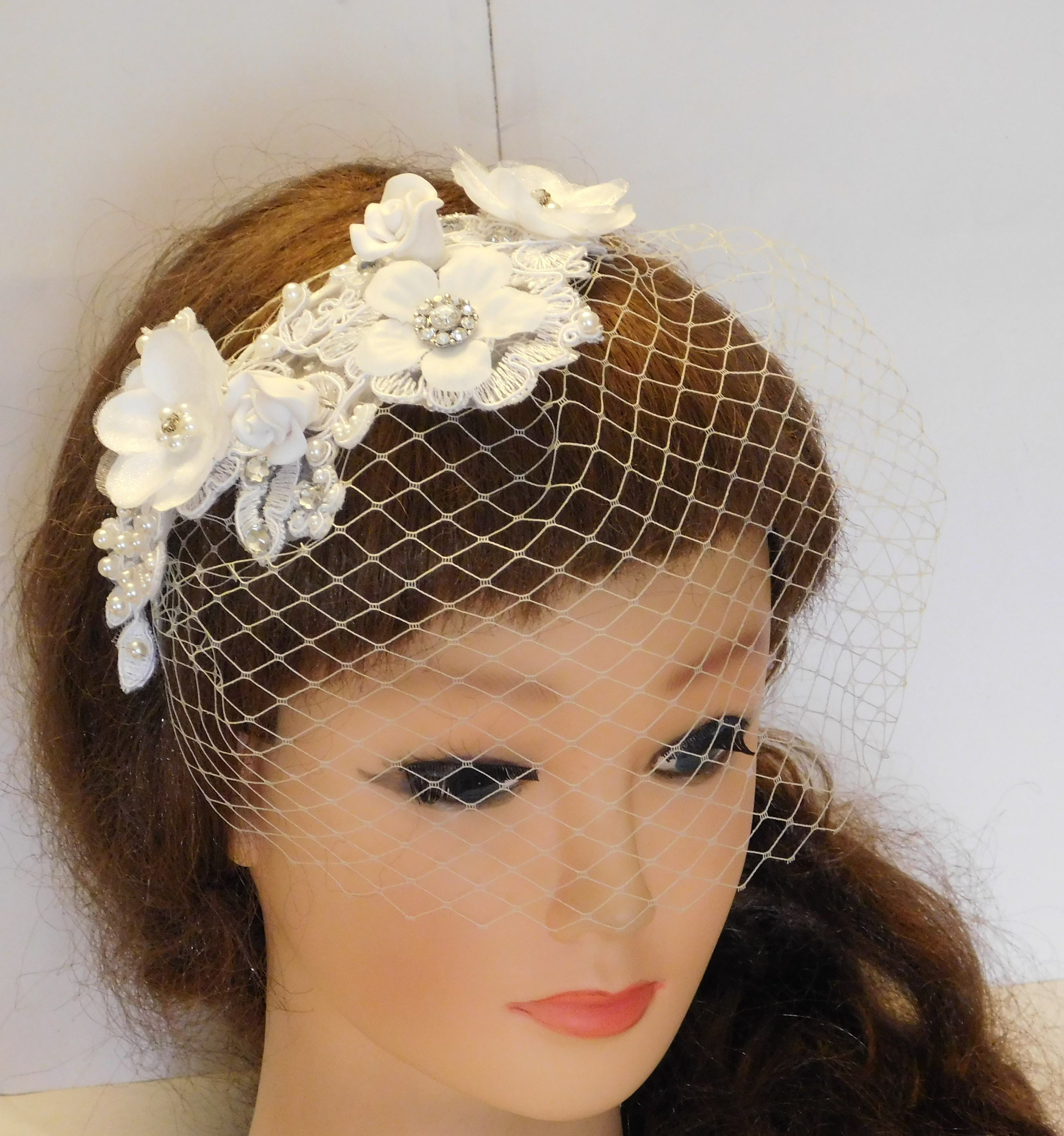 Bridal Birdcage Veil, Blusher Veil.whitevorybirdcage Veil Headband