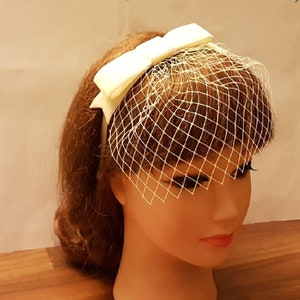 Bridal mini Birdcage veil, Blusher Veil.White-vory-birdcage veil Headband Bridal headpiece w Velvet Bow image 2