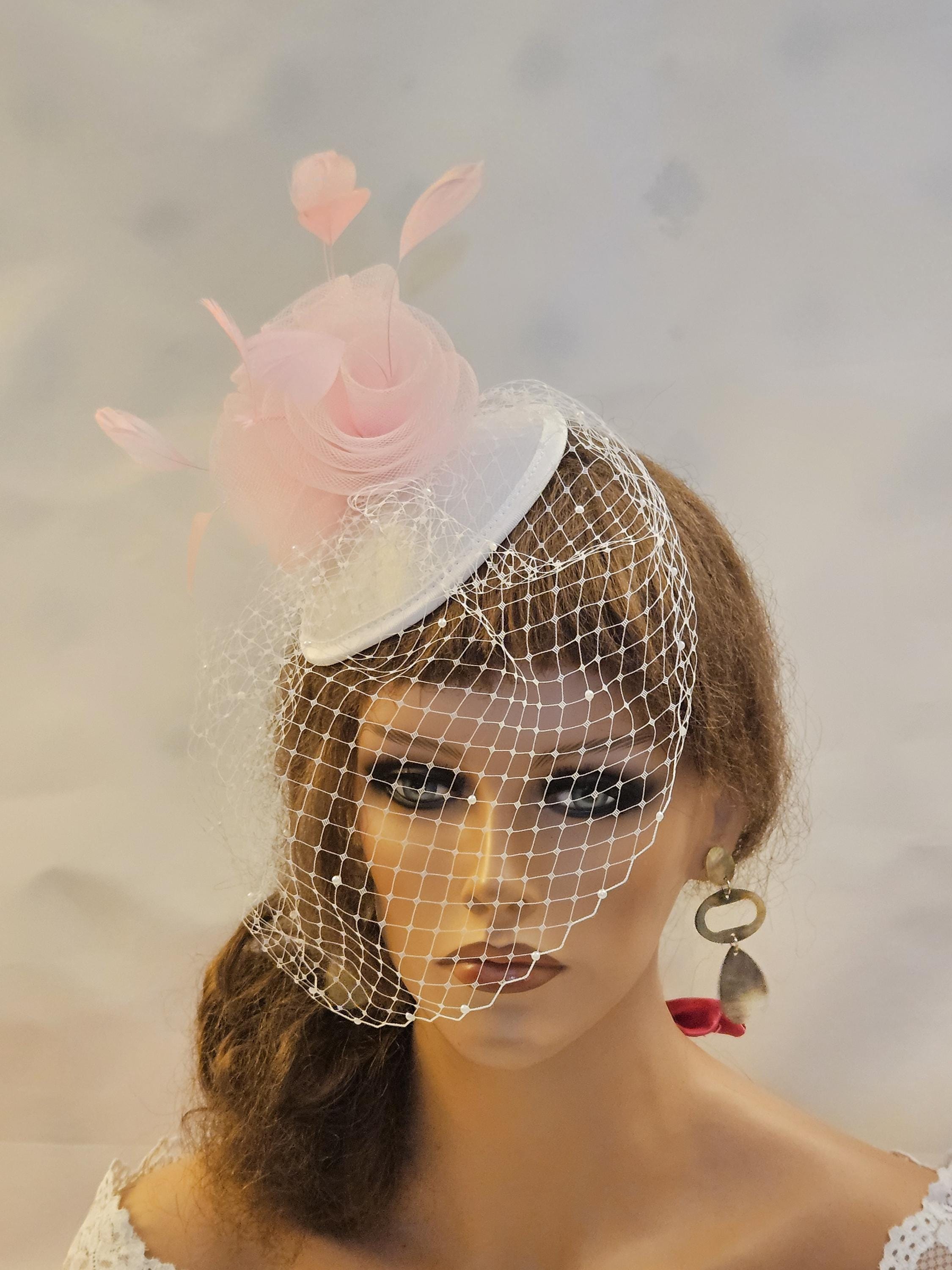 Blush Pink & White/ivory Birdcage Veil Bridal Hat Fascinator  display picture 1