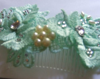 Green Fascinator,hair piece , Embroidered lace, pearls,Diamante embellishment ,Hair comb, Hair clip ,Headband