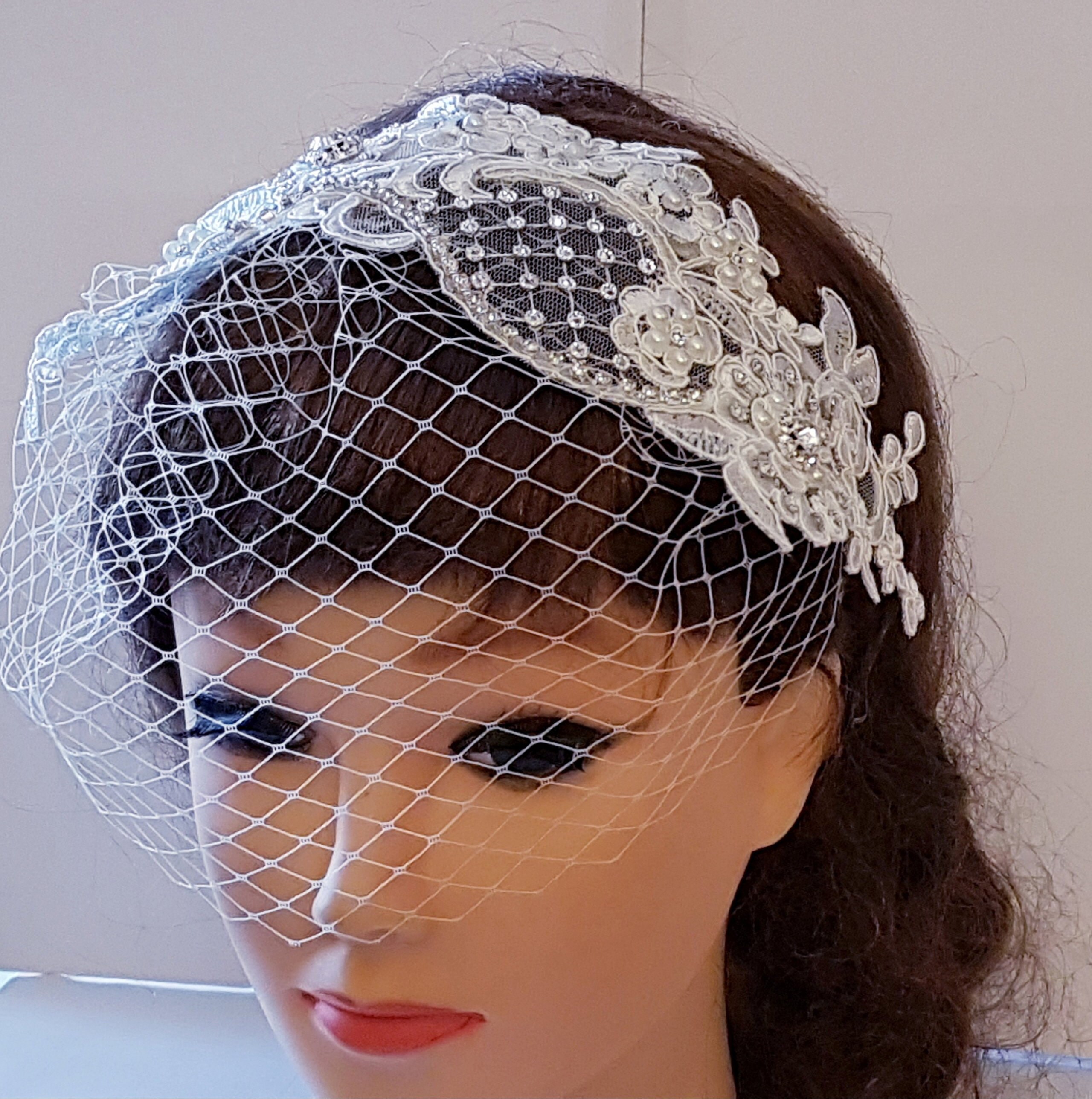 Bridal Birdcage veil, Blusher Veil.Whitevorybirdcage veil Headband