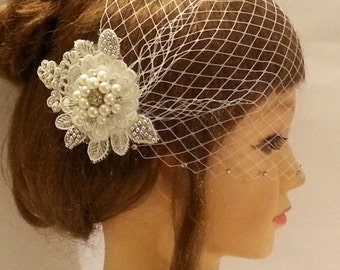 cage à oiseaux des années 1920 de voile voile de style Boho Gatsby le magnifique mariage dentelle cristal cheveux Clip mariée fard à joues Bandeaue w, voile de fard à joues. Mariage fascinator 2PC