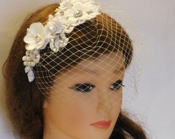 Bridal Birdcage veil,  Blusher Veil.White-vory-birdcage veil Headband Bridal headpiece w Lace fascinator Diamonte Pearls