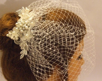 Blusher veil Birdcage veil with bridal floral comb hairpiece  Pearls, Crystal 2 Pc birdcage veil & Bridal haircomb with pearls and crystal