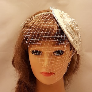 Bridal hat fascinator,Vintage inspired hat & Mini birdcage veil. bridal accessory Hair piece, Bridal Crystal Pearl Lace hat, Bridal hat veil