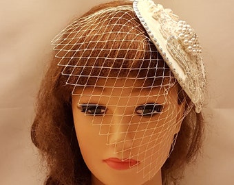 Bridal hat fascinator,Vintage inspired hat & Mini birdcage veil. bridal accessory Hair piece, Bridal Crystal Pearl Lace hat, Bridal hat veil