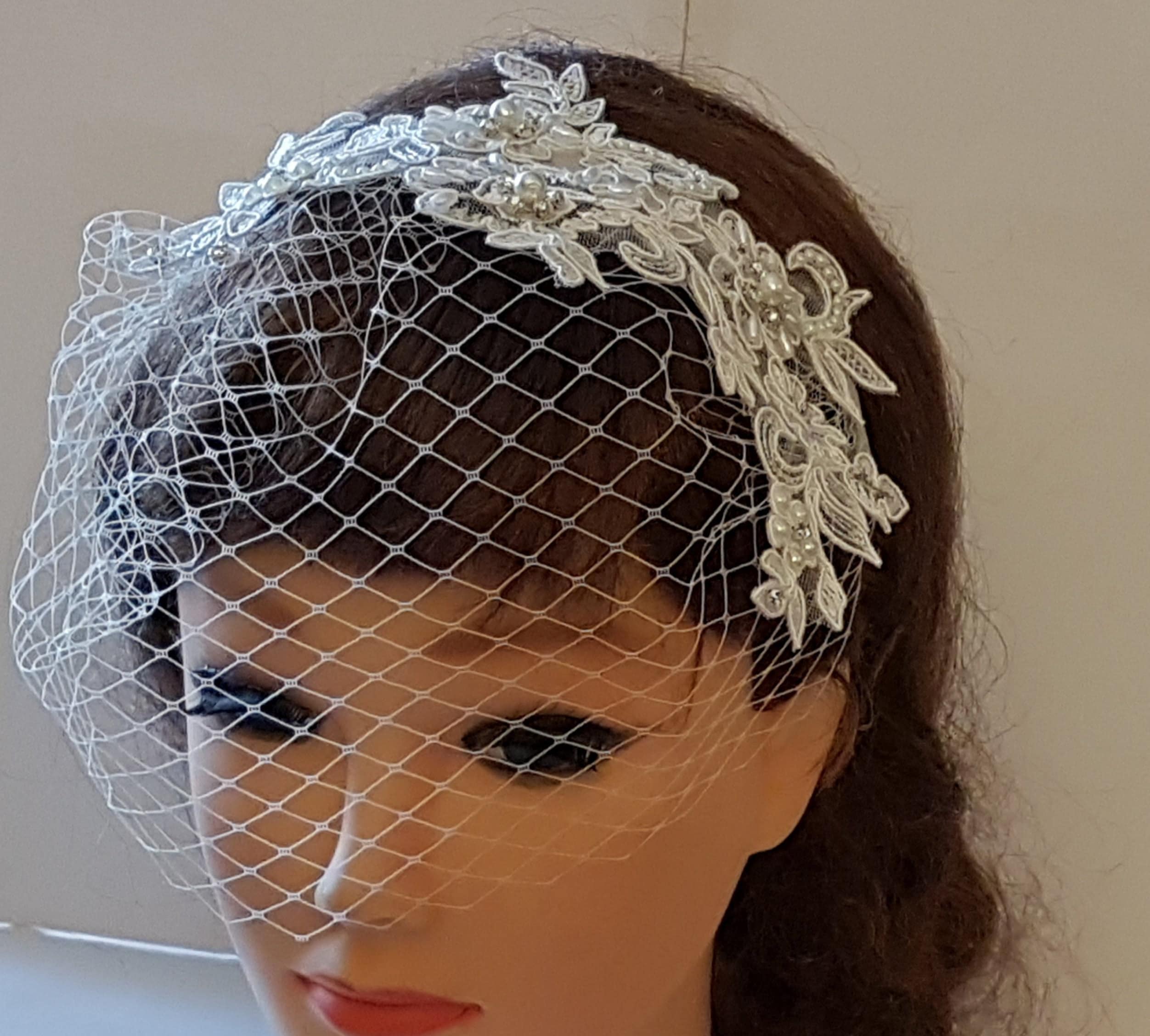 Bridal Birdcage veil, Blusher Veil.White-vory-birdcage veil